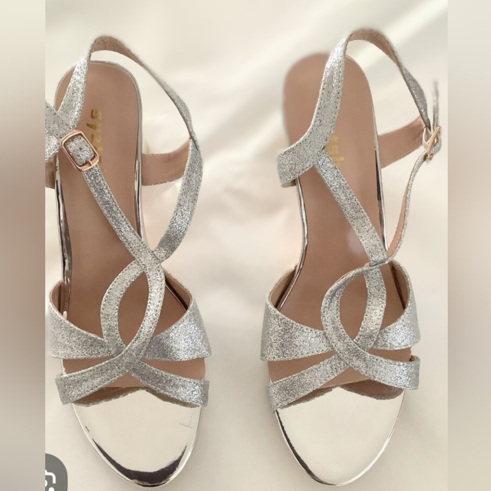 🎉🆕Syztsho Womens Silver Glitter--Block Heel Sandal Size 10! GORGEOUS